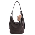 Brown litchi texture hobo bag with a cute plush bear pendant and comfortable shoulder strap - With Pendant / Brown