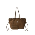 Borsa tote in camoscio marrone con etichetta fashion, fiocco e pochette coordinata - Marrone