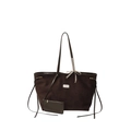 Borsa tote in camoscio marrone caffè con coulisse e nastro a quadretti sul manico - Marrone