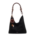 Black suede tote bag with brown woven handles and plush pom-pom charm detail - With Pendant / Black