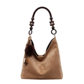 Brown faux suede tote bag featuring distinctive wooden bead handles and a fuzzy pompom charm - With Pendant / Khaki