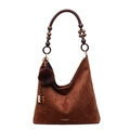 Dark brown suede hobo bag with vintage wooden bead handle and fluffy pompom charm - With Pendant / Brown