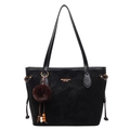 Bolso tote negro retro de gran capacidad con letras doradas y pompón de peluche - Con Colgante / Negro
