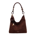 Retro dark brown frosted suede tote bag with wooden bead strap and plush charm - With Pendant / Coffee