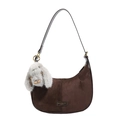 Bolso hobo de ante marrón con costura minimalista y colgante de conejo de peluche gris - Con Colgante / Marrón
