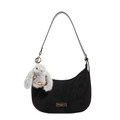 Bolso de media luna de ante negro mate con correa marrón y colgante de conejo de peluche - Con Colgante / Negro