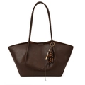 Retro deep brown leather tote bag with vintage wood bead charm and large capacity - With Pendant / Brown