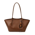 Vintage dark brown leather tote bag with ethnic beaded charm and pleated texture - With Pendant / Brown