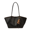 Classic black textured leather tote bag with elegant wooden bead charm and long shoulder straps - With Pendant / Black