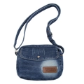 Deep blue washed denim crossbody phone bag with adjustable strap and metal button - Dark Blue