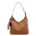 Borsa hobo minimalista in pelle color cuoio con ciondolo a orso e nappa intrecciata - Marrone