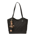 Bolso tote acolchado negro con correas de hombro y colgante de conejo marrón suave - Con Colgante / Negro