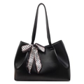 Large black minimalist commute tote bag with elegant silk scarf on handle - Black