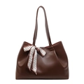 Deep brown leather tote bag with stylish geometric print silk scarf decoration - Coffee