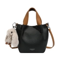 Black litchi grain bucket bag with brown handles and a plush bunny charm pendant - With Pendant / Black