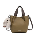 Olive green lychee pattern leather bucket bag with contrast handle and rabbit charm - With Pendant / Green