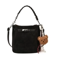 Borsa a secchiello vintage in pelle scamosciata nera con manico intrecciato e orsetto - Con Ciondolo / Nero