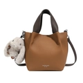 Brown litchi leather bucket bag with contrast handle and cute rabbit charm - With Pendant / Brown