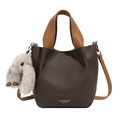 Brown lychee texture leather bucket bag with contrast trim and cute white rabbit charm - With Pendant / Brown