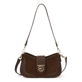 Retro dunkelbraune Schultertasche mit Wildleder-Patchwork und goldener Metallschnalle - Retro-Kaffee