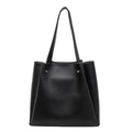Minimalist black leather tote bag with silver rivets and long handles for daily commuting - Black