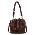 Borsa a secchiello vintage leopardata con finiture in pelle marrone e manico - Leopardo Caffè