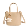 Beige lychee pattern leather crossbody bag with cute plush charm and gold hardware - Beige Apricot