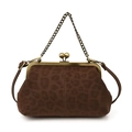 Vintage brown leopard print shell bag with antique brass clasp and metal chain handle - Brown