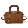 Bolso Boston vintage marrón de gamuza con correas de cuero y herrajes plateados - Marrón