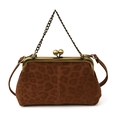 Vintage leopard print shell bag with retro bronze kiss-lock and metal chain strap - Brown