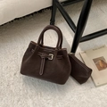Deep coffee suede tote bag with contrast stitching and matching mini zipper pouch - Coffee without Pendant