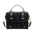 Chic black box handbag with ruched velvet texture and gold hardware for women - Black