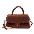 Brown faux leather crossbody bag with suede patchwork and woven handle detail - With Charm / Burgundy