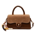 Retro brown crossbody handbag in mixed leather with wood bead charm and ring lock - With Charm / Brown