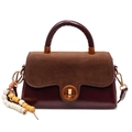Burgundy faux leather crossbody bag with suede patchwork and stylish wood bead tassel - With Charm / Coffee