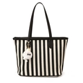 Black and white striped canvas tote bag with leather trim and plush sheep charm accessory - With Pendant / Black