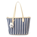 Large blue and white striped tote bag with cream straps and a plush monster charm - With Pendant / Blue
