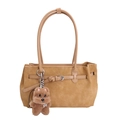 Borsa tote retrò color cammello in finta pelle con cintura e ciondolo a peluche - Cachi