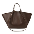 Dark brown minimalist leather wing tote bag with silver rivets and long shoulder strap - Brown