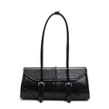 Elegante borsa baguette in pelle cerata nera con fibbie d'argento e tracolla lunga - Nero