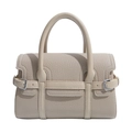 Elegante beige Lederhandtasche mit Lychee-Struktur, Doppelgriffen und Silberschnalle - Khaki