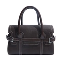 Deep brown litchi pattern leather handbag with retro buckle and white stitching - Brown