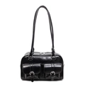 Glossy black vintage shoulder bag with dual front pockets and silver buckle accents - Black