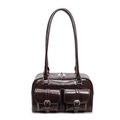 Retro deep brown glossy faux leather bowling bag with silver buckles and dual pockets - Coffee