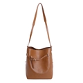 Retro brown textured PU leather bucket bag with gold buckle and slim shoulder strap - Brown