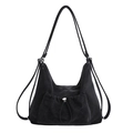 Bolso tote vintage negro de ante con bolsillo de cordón y hebillas plateadas - Negro