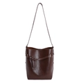Chic dark brown bucket bag with pleated leather texture and decorative belted strap detail - Brown