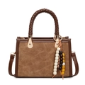 Brown faux suede crossbody bag with cartoon embossing and woven handle details - With Pendant / Khaki
