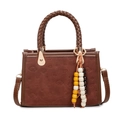 Brown frosted leather crossbody bag with embossed patterns and beaded charm - With Pendant / Brown