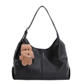 Minimalist black faux leather hobo bag with a cute brown puppy plush keychain - With Pendant / Black